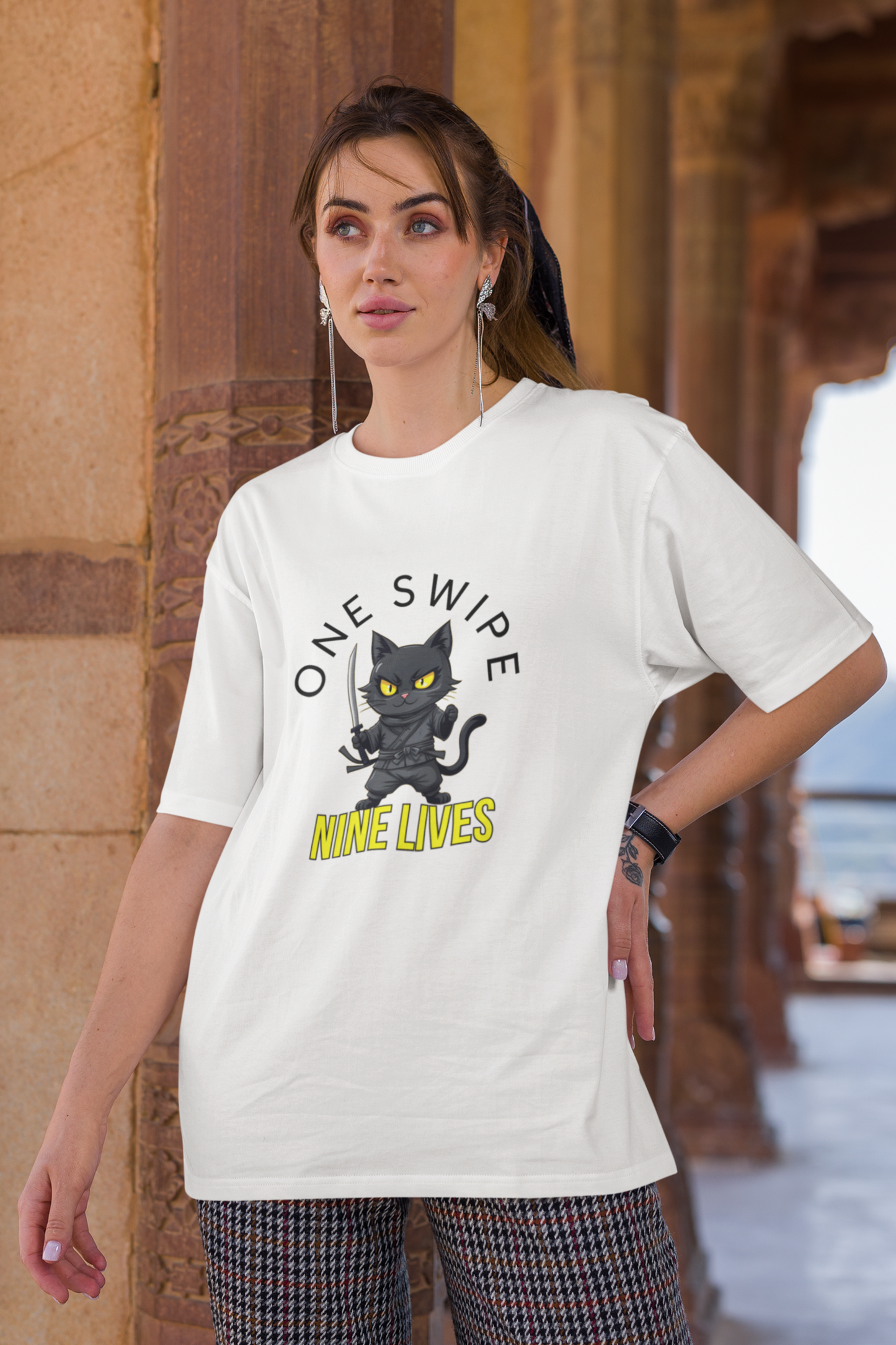 "One Swipe, Nine Lives" Samurai Cat Women T-Shirt