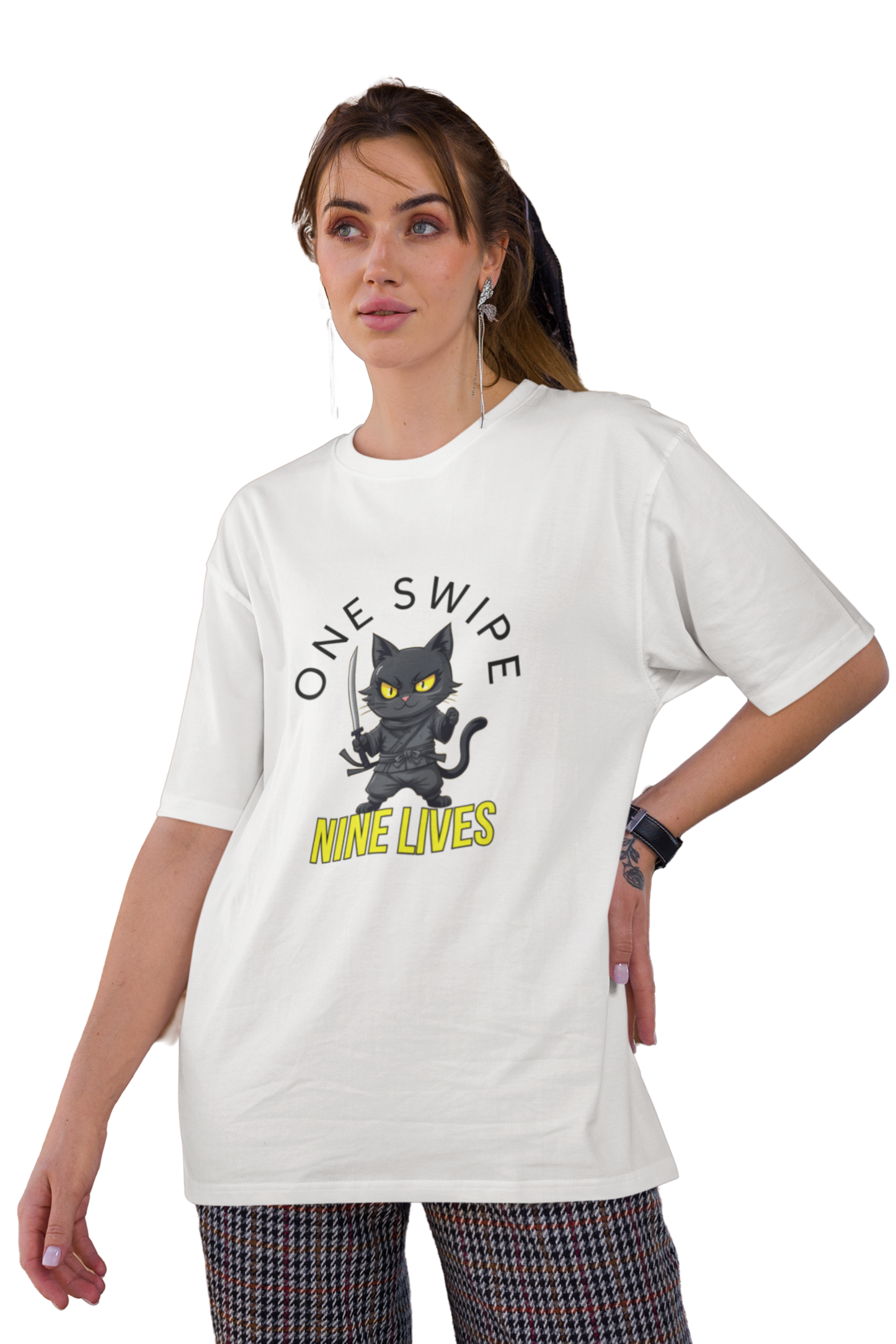 "One Swipe, Nine Lives" Samurai Cat Women T-Shirt
