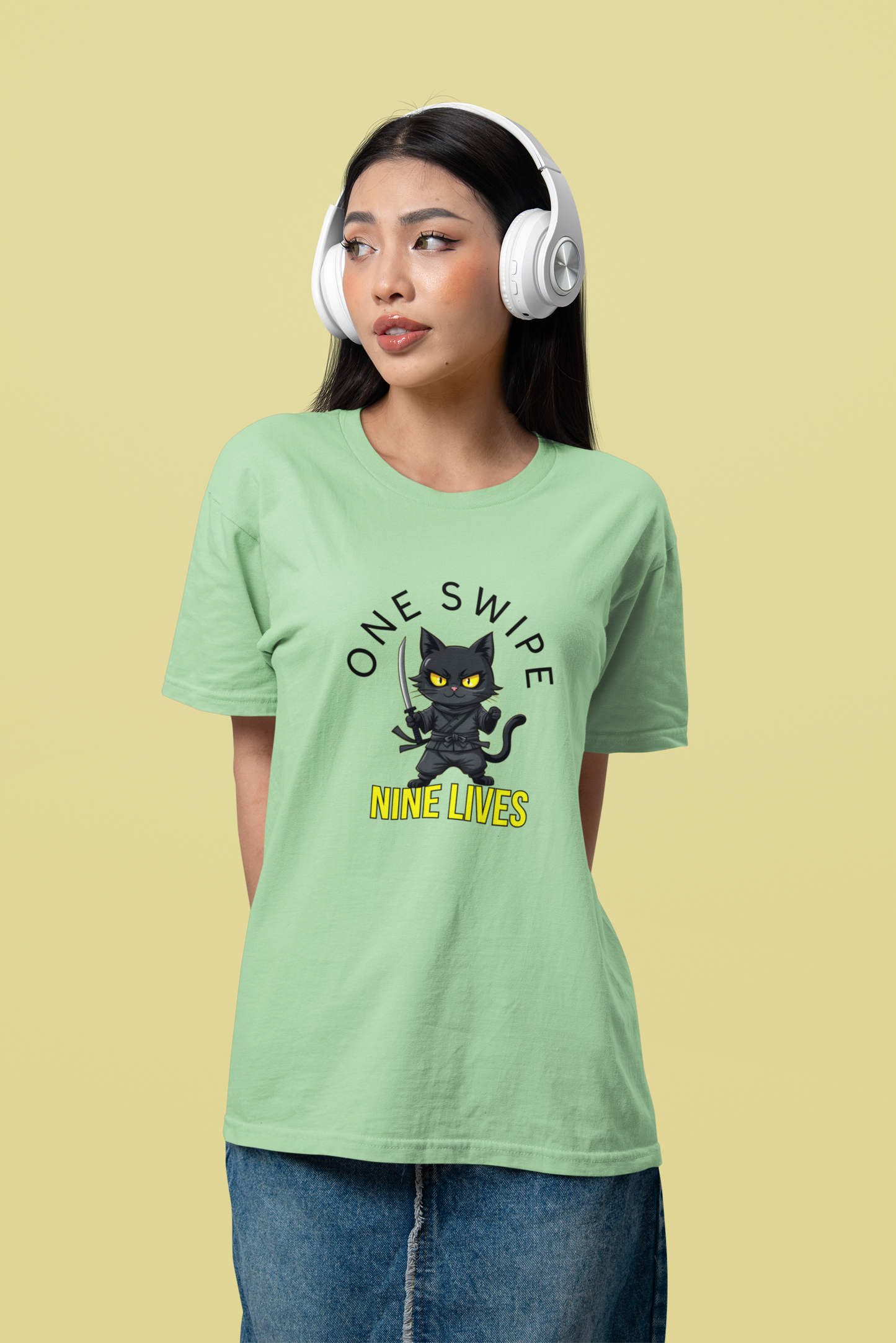 "One Swipe, Nine Lives" Samurai Cat Women T-Shirt